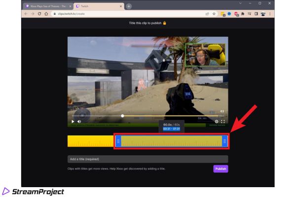 Twitch-Clip – Verwenden Sie die blauen Schieberegler, um das Video wie gewünschtzuzuschneiden 